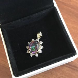 10 k yellow gold oval mystic topaz/diamond pendant